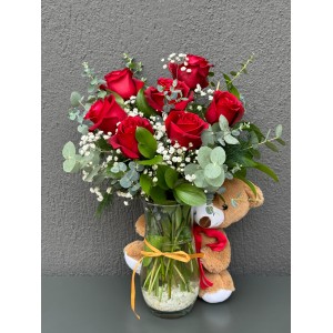 PAŞABAHÇE VAZODA 7 KIRMIZI GÜL AYICIK